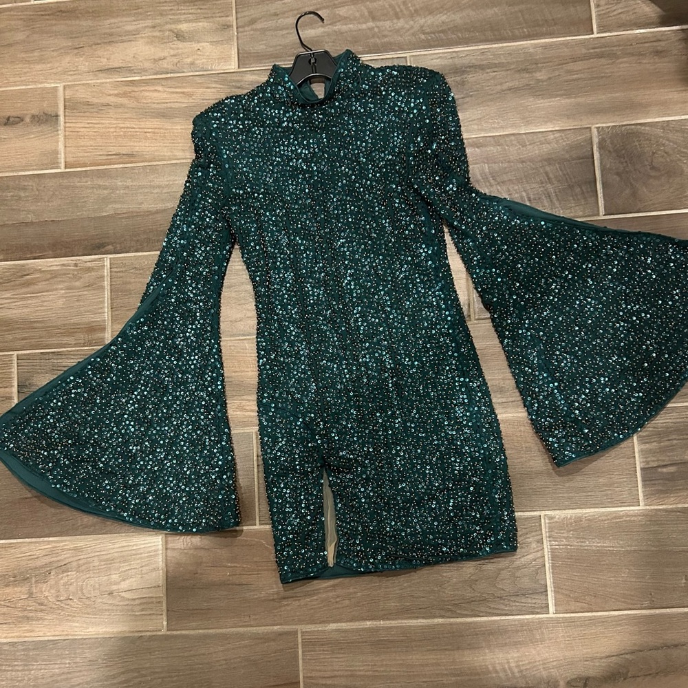 Michael Costello Emerald Green Sequin Bell Sleeve Mini Dress